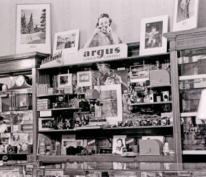An Argus display at an Oklahoma drug store, circa 1940 by Charles Dunlap.