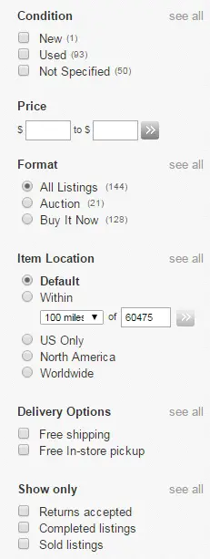 Select the "Sold listings" box to only search auctions that someone actually bought.