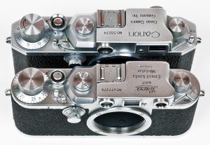 An early Canon IIB compared to a Leica IIIc. Notice how similar the two are. Canon's rangefinder designs would evolve as the years went on.
