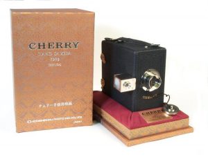 A replica of the Cherry Hand Camera from 1903, Konica and Japan's first camera.