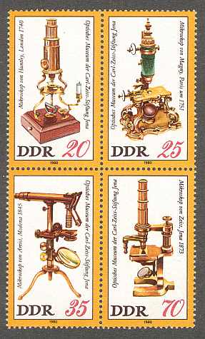 1980 - Optisches Museum Jena, historische Mikroskope, Zusammendruck Michel-Nr. 2534-2537