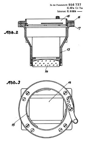 Patent drawing of the lens magnifying insert (German Patent No. 956737 of 10.7.1952)
