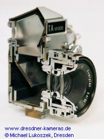 Cross-section of an Exakta VX 500 with prism insert and Domiplan 2.8/50