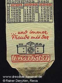 Exakta bookmark as a calendar for the year 1954, made of silk