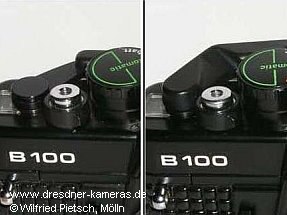 Praktica B100 (genoppter Bezug) - 1. Version mit Metall-Schnellspannhebel (links) und 2. Version mit Kunststoff-Schnellspannhebel (rechts)