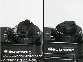 Praktica BCA - Variante der Beschriftung der Belichtungskorrektur mit arabischen Zahlen (links) und Variante mit r�mischen Zahlen (rechts)