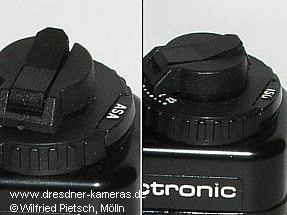 Praktica BCA - Variante der Kennzeichnung der Filmempfindlichkeit in ASA (links) und Variante in ISO (rechts)