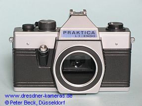Praktica L 3-Endo #852070 mit blauem Schild (4. Praktica-Generation sp�t; mit Zeitenknopf aus Kunststoff)