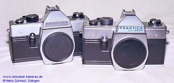 Praktica L 3-Endo Versionen mit silbernem und mit blauem Schild (links #028515 4. Praktica-Generation; rechts #853367 4. Praktica-Generation sp�t; mit Zeitenknopf aus Kunststoff)