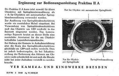 Ergänzung zur Bedienungsanleitung Praktina IIa mit doppelter Blendenauslösung des VEB Kamera- und Kinowerke Dresden (1960) Ergänzung zur Bedienungsanleitung Praktina IIa mit doppelter Blendenauslösung des VEB Kamera- und Kinowerke Dresden (1960)